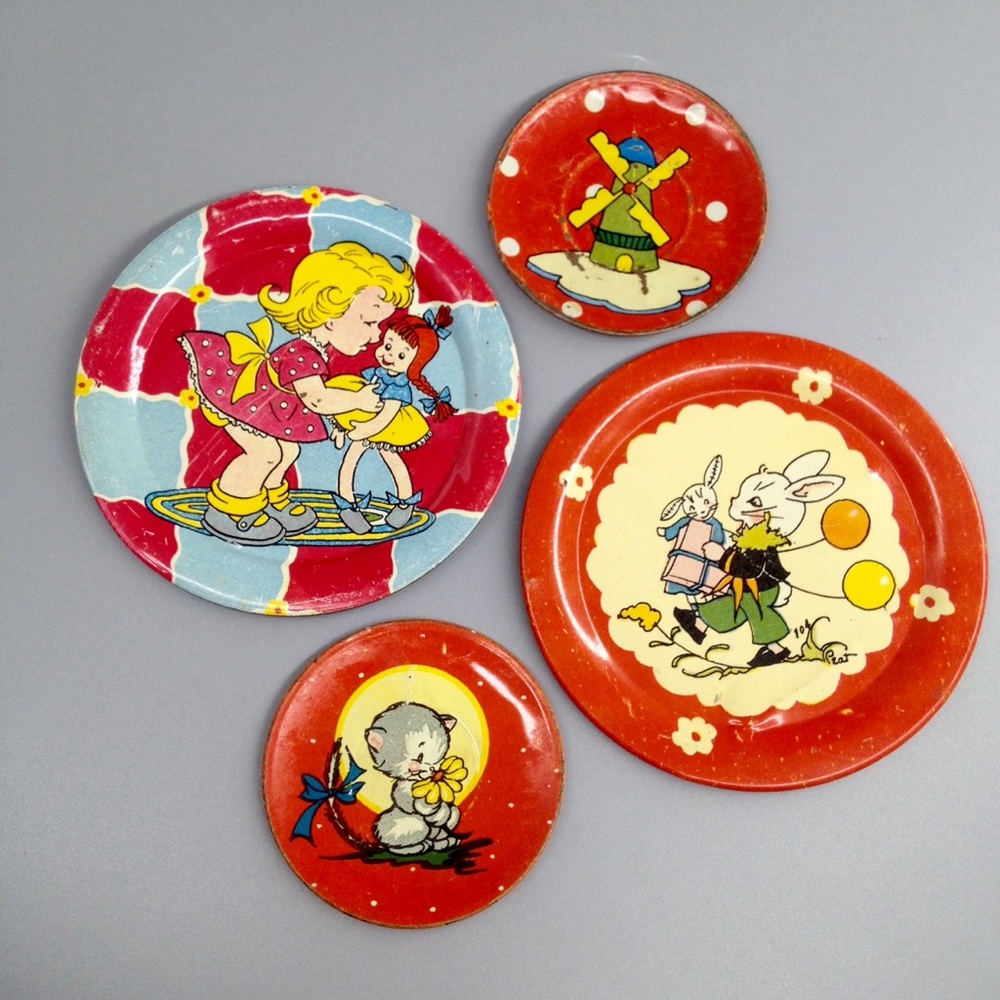 Vintage Tin Graphic Play Set Plates Trinket Dishes